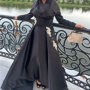 A-line black evening gown. Custom made in Dubai.